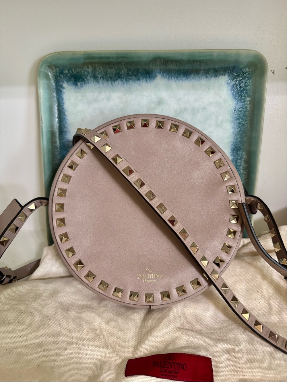 Valentino Like New Small Round Rockstud Crossbody Bag in Poudre with Cards